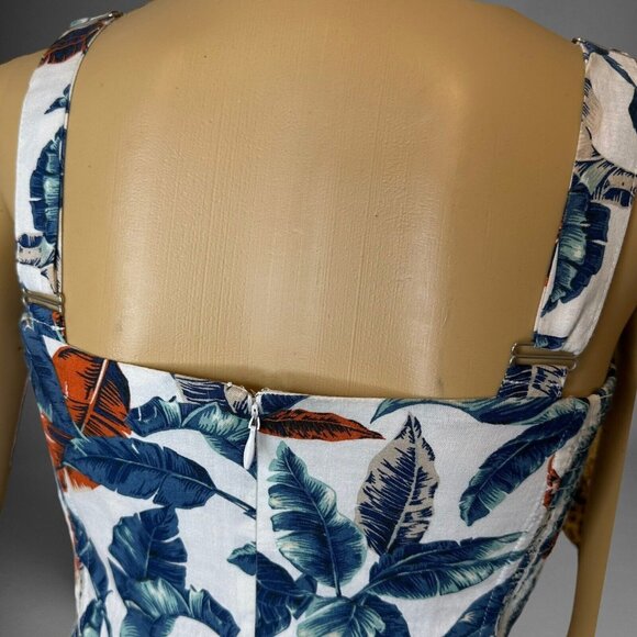 Robin K Sheath Mini Dress Medium White Blue Linen-Cotton Lined Wide Straps Leave - Picture 5 of 16